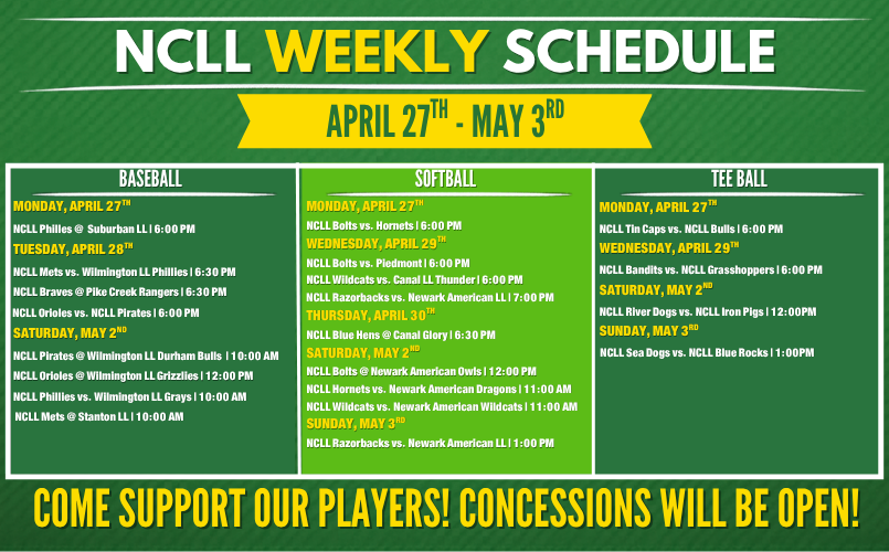 NCLL Games - April 27th - May 3rd